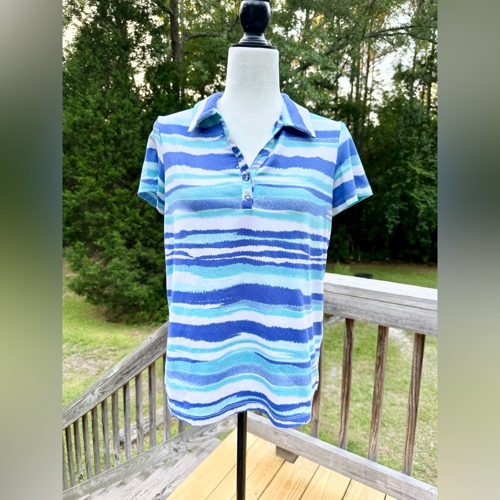 Weekend by Chico’s Multi Blue Stripe Polo Top